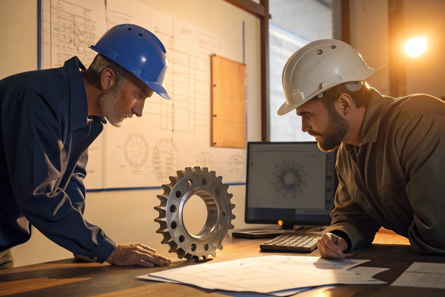 Engineers reviewing mechanical component design documents in a workshop environment.